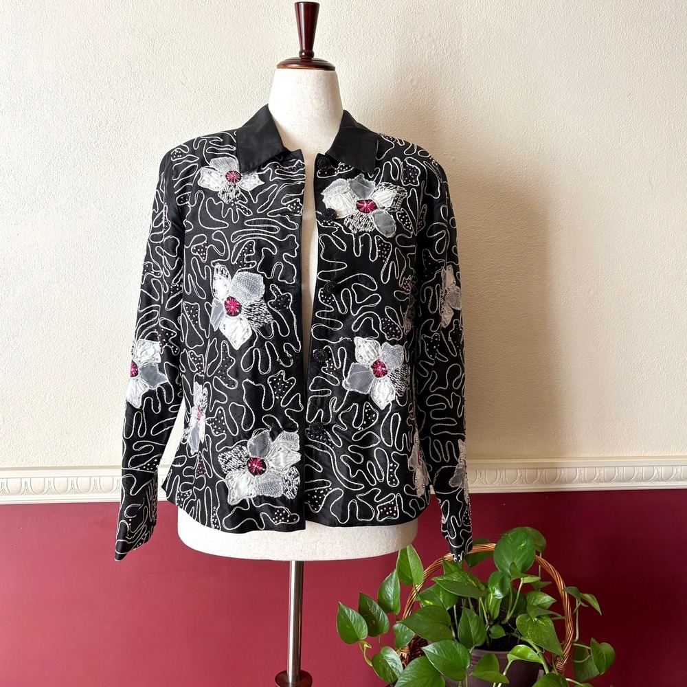 Anage Vintage 100% Silk Jacket XL Black Floral Soutache Embroidered Eveningwear